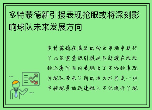 多特蒙德新引援表现抢眼或将深刻影响球队未来发展方向