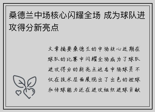 桑德兰中场核心闪耀全场 成为球队进攻得分新亮点