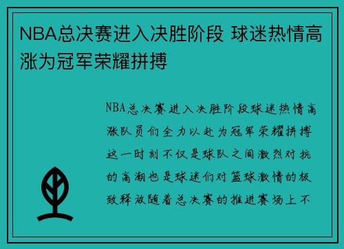 NBA总决赛进入决胜阶段 球迷热情高涨为冠军荣耀拼搏