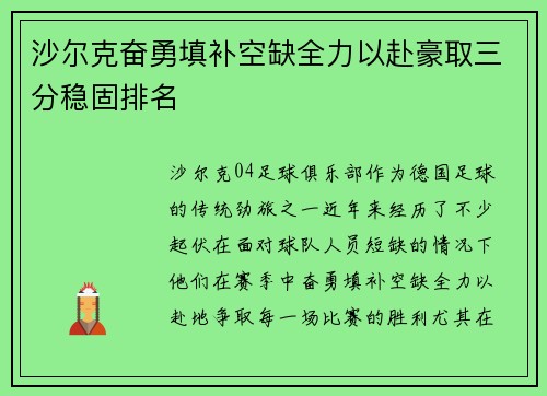 沙尔克奋勇填补空缺全力以赴豪取三分稳固排名