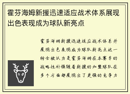 霍芬海姆新援迅速适应战术体系展现出色表现成为球队新亮点