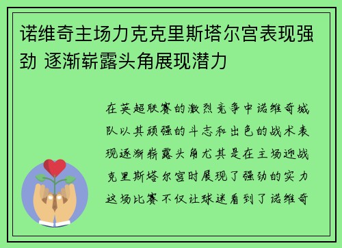 诺维奇主场力克克里斯塔尔宫表现强劲 逐渐崭露头角展现潜力