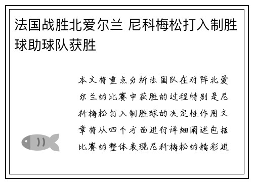 法国战胜北爱尔兰 尼科梅松打入制胜球助球队获胜