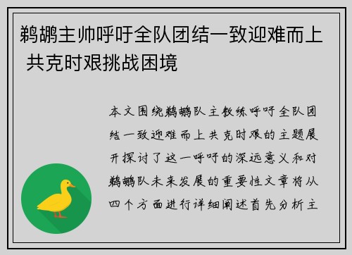 鹈鹕主帅呼吁全队团结一致迎难而上 共克时艰挑战困境
