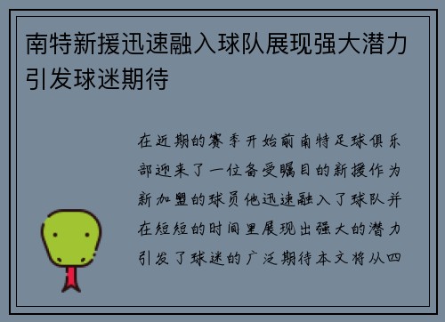 南特新援迅速融入球队展现强大潜力引发球迷期待