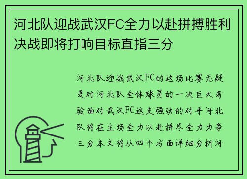 河北队迎战武汉FC全力以赴拼搏胜利决战即将打响目标直指三分