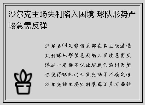 沙尔克主场失利陷入困境 球队形势严峻急需反弹