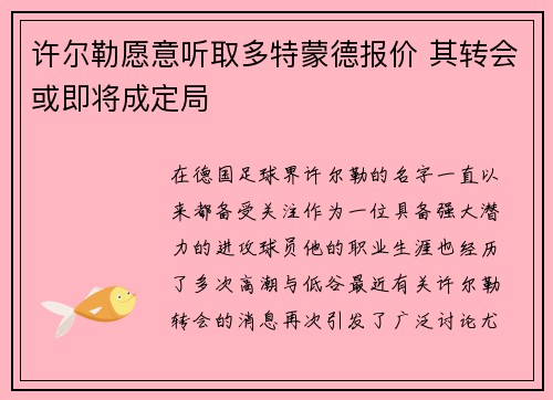 许尔勒愿意听取多特蒙德报价 其转会或即将成定局