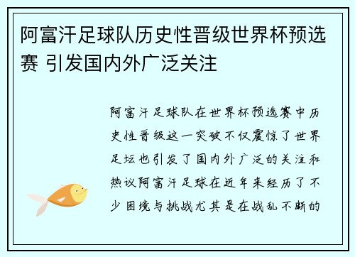 阿富汗足球队历史性晋级世界杯预选赛 引发国内外广泛关注