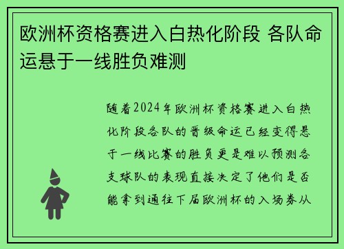 欧洲杯资格赛进入白热化阶段 各队命运悬于一线胜负难测